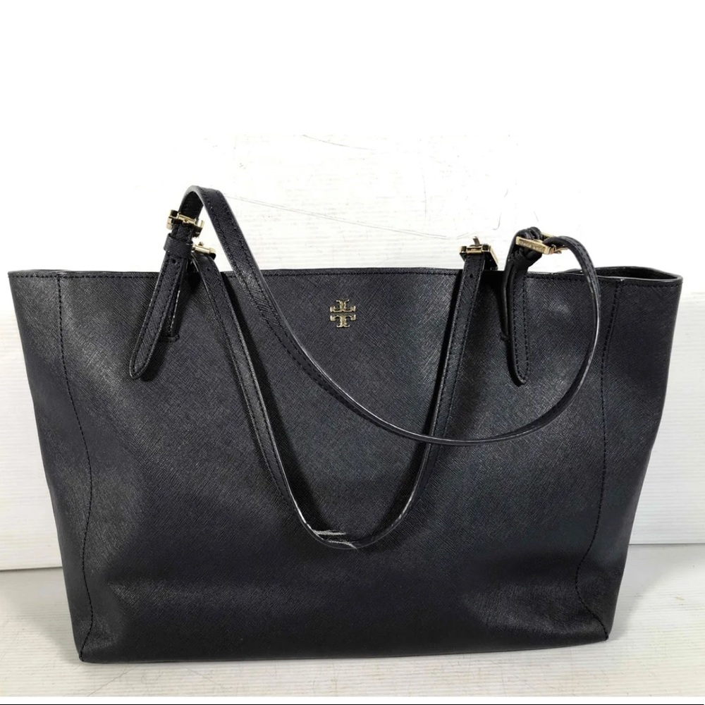 Tory Burch Womens Navy Leather Double Handle Strap Zip Pockets Shoulder Handbag